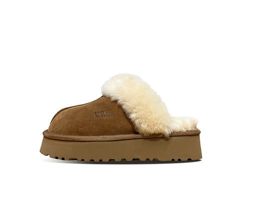 ES5837 UGG Slippers Cow Suede with Sheepskin Wool Scuff Muffin Platform